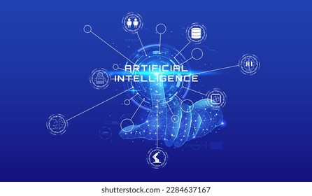 Digitales Low-Poly-Handschuh-System auf dem hud-Kreis System, um die automatische Systemplattform freizugeben. Symbol für künstliche Intelligenz, Zeicheninformation, Vektor für Sicherheitsnetzwerke.