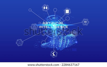 Digital low poly hand pushing on hud circle system to release ai automatic system platform. Artificial intelligence technology icon, sign information, security network vector.