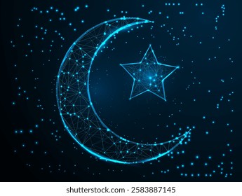 Digital Low Poly ramadan kareem Moon and Star in Night Sky with Glowing Blue  light background design.