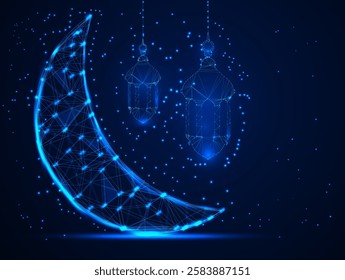 Digital Low Poly ramadan kareem Moon and Star in Night Sky with Glowing Blue  light background design.