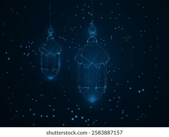 Digital Low Poly ramadan kareem Moon and Star in Night Sky with Glowing Blue  light background design.