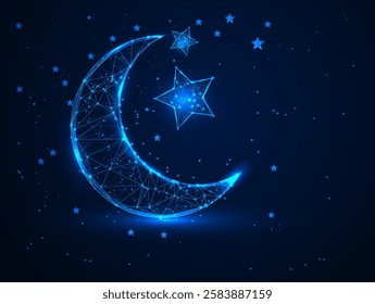 Digital Low Poly ramadan kareem Moon and Star in Night Sky with Glowing Blue  light background design.