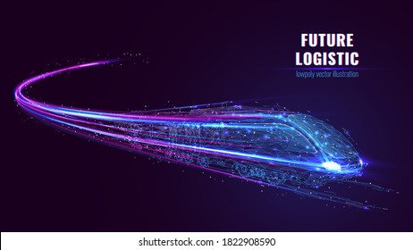 Digital low poly wireframe futuristic high  speed train  Future logistics  modern technology  transport concept  Abstract 3d blue   purple illustration and connected dots  Vector color mesh
