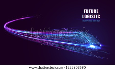Digital low poly wireframe of futuristic high-speed train. Future logistics, modern technology, transport concept. Abstract 3d blue and purple illustration with connected dots. Vector color mesh
 Foto d'archivio © 