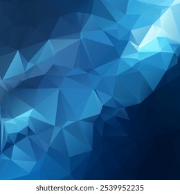 Tons abstratos digitais de baixo-poli de azul, apresentando formas triangulares geométricas. Texturizado e facetado superfície. Gradiente do azul claro para o azul escuro, criando profundidade e sensação de tridimensionalidade.