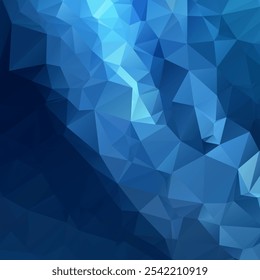 Tonos abstractos de azul low-poly digitales, con Formas triangulares geométricas. Superficie texturizada y facetada. Gradiente de azul claro a azul oscuro, creando profundidad y una sensación de tridimensionalidad.