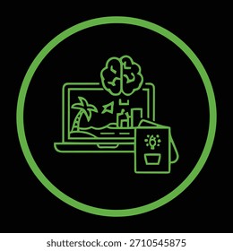 Icono de concepto de suerte y fortuna digital que muestra una pantalla de computadora portátil que muestra un trébol estilizado de cuatro hojas.
