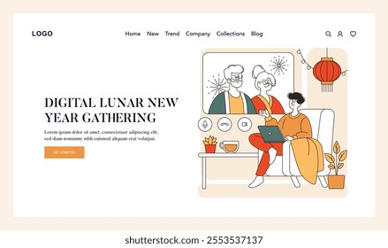 Digital Lunar New Year celebration concept. A modern family enjoys festivities online. Cozy home setting with festive decorations. Vector illustration.
