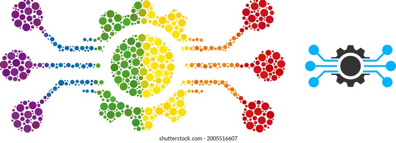 Digital machine composition icon of filled circles in variable sizes and rainbow colored shades. A dotted LGBT-colored digital machine for lesbians, gays, bisexuals, and transgenders.