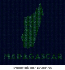 Digital Madagascar logo. Country symbol in hacker style. Binary code map of Madagascar with country name. Radiant vector illustration.
