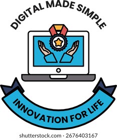 Digital made simple is the concept of this logo. The logo is blue and white and features a laptop with two hands holding it. The logo is meant to convey the idea of innovation for life