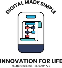 Uma imagem digital feita simples de um telefone com um papel nele. A imagem é sobre inovação para a vida