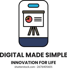 Ein digitales, einfaches Logo für ein Unternehmen, das sich um Innovation fürs Leben dreht. Das Logo ist ein Telefon mit einem Projektor darauf