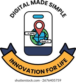 Un logotipo digital simple hecho para la innovación para la vida. El logotipo presenta un teléfono con un mapa en él