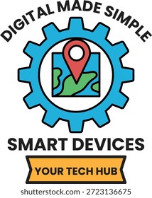 Un logotipo digital simple hecho para dispositivos inteligentes. El logotipo es una Imagen en blanco y negro de un engranaje con un mapa en él. El logo pretende representar la idea de tecnología e innovación