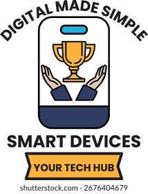 Un logotipo digital de dispositivos inteligentes simples. El logotipo presenta un trofeo y dos manos que lo sostienen. El trofeo está rodeado por un fondo azul y blanco