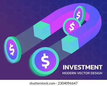 Digital magnet attracting money coins modern vector illustration. Revealing the concept of cashback and making money. Financial Goals Achievement Concept.