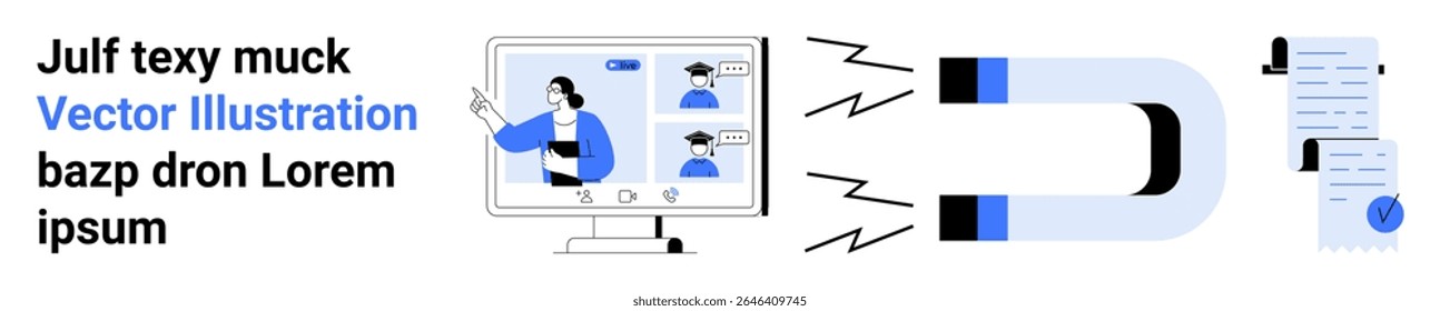 Digital magnet attracting web visitors to an interface showing a speaker in online meeting, connecting with documents. Ideal for marketing, content creation, webinars, social media, consultations