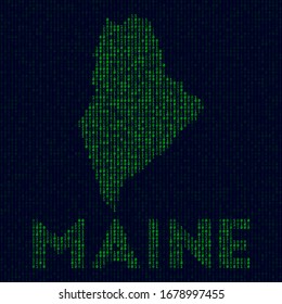 Digital Maine Logo. US-Staatssymbol im Hackerstil. Binärkode-Karte von Maine mit US-Staatsnamen. Atemberaubende Vektorillustration.