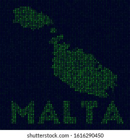 Digital Malta logo. Island symbol in hacker style. Binary code map of Malta with island name. Elegant vector illustration.