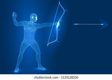 digital man figure as archer, 3d wireframe style vector illustration. blue version.