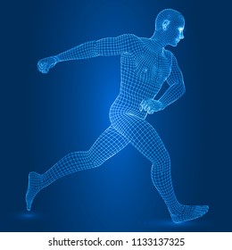 digital man figure in running pose 3d wireframe style vector illustration.