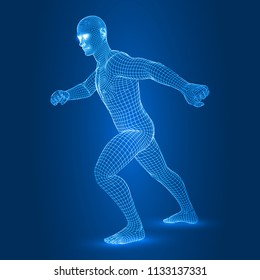 digital man figure in running pose 3d wireframe style vector illustration