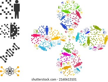 Icono de síntesis de hombre digital, forma de flor abstracta centrífuga multicolor. Flor de objeto con cuatro pétalos hechos a partir de elementos de síntesis de hombre digital dispersos. Collage de iconos de flor vectorial en estilo plano.