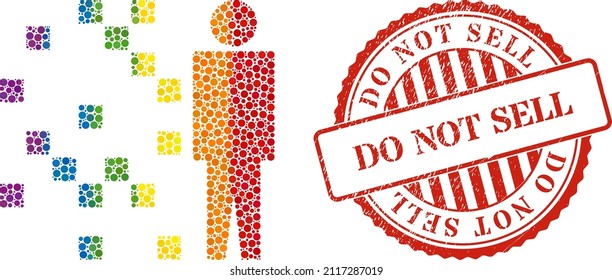 Digital man synthesis mosaic icon of spheric blots in various sizes and rainbow colored color tinges. Red round textured seal imprint with Do Not Sell title.