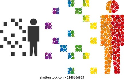 Digital man synthesis mosaic icon of round items in different sizes and rainbow colored color hues. A dotted LGBT-colored digital man synthesis for lesbians, gays, bisexuals, and transgenders.