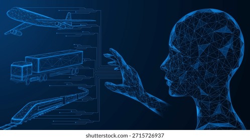 Gestión digital del transporte global. Una inteligencia artificial que utiliza líneas electrónicas para conectar diferentes tipos de transporte: un avión, un camión y un tren.