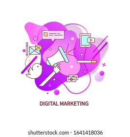 Digital management vector, tools for broadcasting in social networks, megaphone and smartphone, letter envelope for chatting and communication flat style