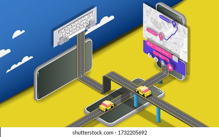 Digital map of the city on the mobile phone screen and taxi cars driving on the motorway. Vector banner
