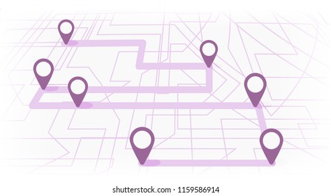 Digital map with colorfull seven points. The way of city navigation with the beginning and the end. Vector banner infographic