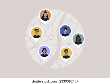 A digital map featuring user current locations marked with geo pins