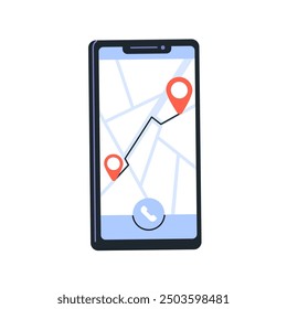 Digital map, GPS app on mobile phone screen. Navigation application finding route, location. Smartphone displaying path, destination information. Flat vector illustration isolated on white background