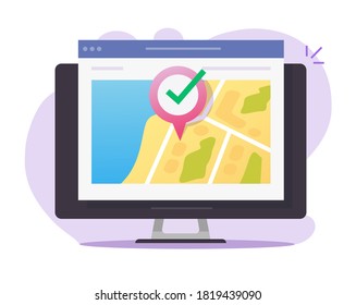 Digital map gps web location online and pin pointer internet destination on computer pc screen vector, internet website navigation position marker, roadmap new local route point flat isolated