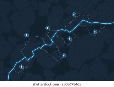 Digital map with highlighted blue line route. Map features several with power stations, points of electrical interest. Vector illustration