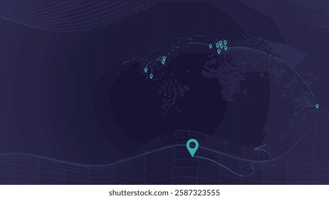 Digital map illustration showing a part of the world with location pins and connecting lines, indicating a network or routes across continents.