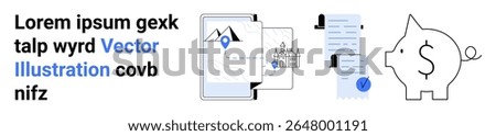 Digital map with location pins on tablet, signed documents, and piggy bank. Ideal for financial planning, travel coordination, navigation, mobile apps development, documentation, fintech, user