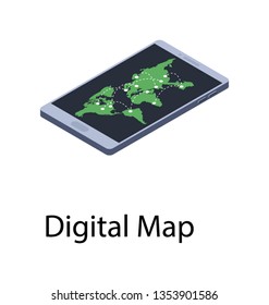Digital map on a mobile, mobile isometric icon