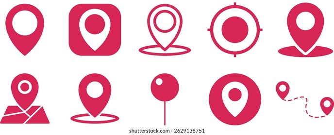 Digital map pin icon set in various shapes red color. Vector icon map geo digital location navigation sign.