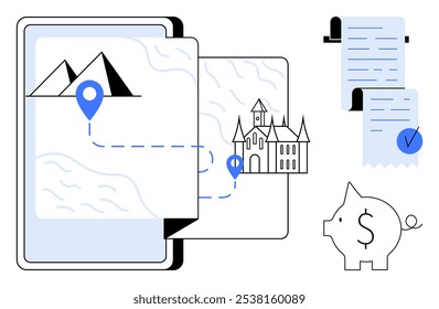 Mapa digital com uma rota das montanhas para um castelo, uma lista de verificação e um mealheiro simbolizando o planejamento da viagem. Ideal para organização de viagem, assistência de navegação, orçamento, documentação de viagem