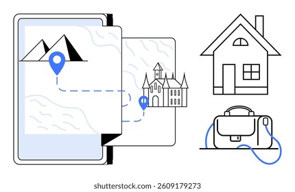 Digital map with route from mountains to a castle, displayed on a tablet. Nearby is a modern house and a travel bag. Ideal for travel apps, navigation services, tourism campaigns, home rentals