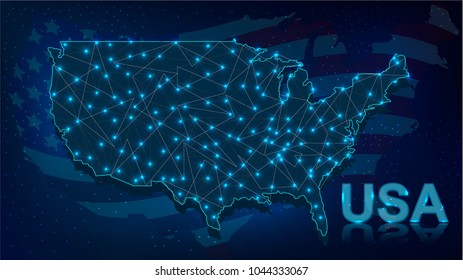 Digital Map of USA with Neon Illuminated Lights Connected & Striped National American Flag on Blue Background. Patriotism and Traditional Holidays Concept. Vector Illustration