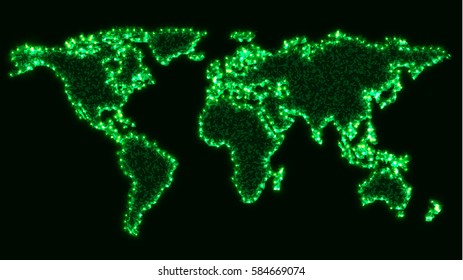 Digital Map of the World Illuminated on Black Background. Vector Illustration