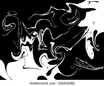 Digital marbling ornament. Suminagshi pattern white on black.