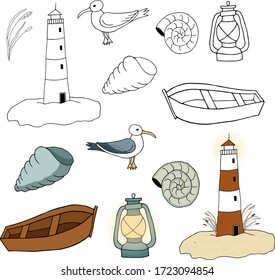 Digital marine set in cartoon style with ship, boat, seagull, lighthouse. Vector illustration.