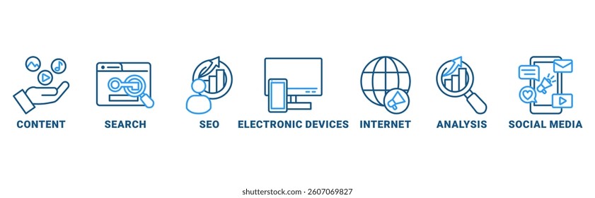 Digital Markating banner web icon vector illustration concept with icon of content, search, seo, electronic devices, internet, analysis,social media