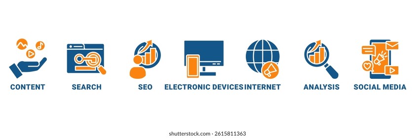 Digital Markating banner web icon vector illustration concept with icon of content, search, seo, electronic devices, internet, analysis,social media